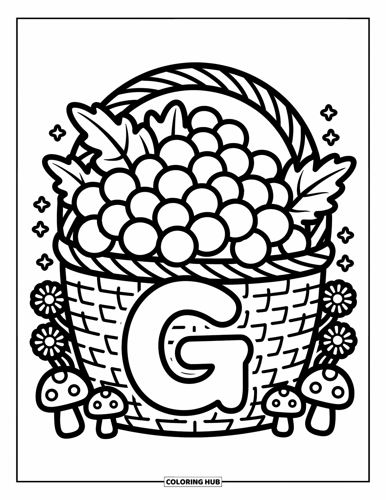 Letter G Coloring Page for Adults: A woven basket with grapes and a G trim rests among flowers and mushrooms