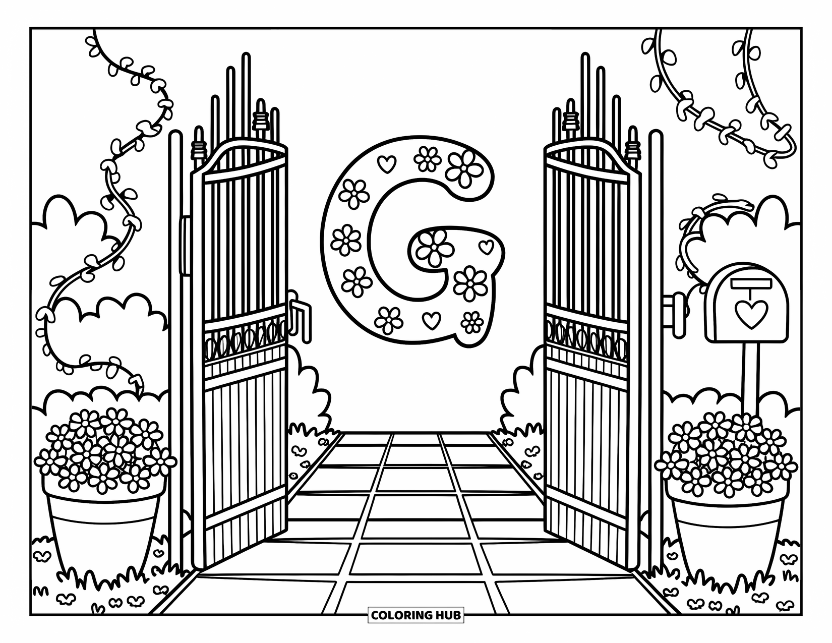Letter G Coloring Page for Adults: An ornate garden gate opens to a path with vines, flowers, and a big G