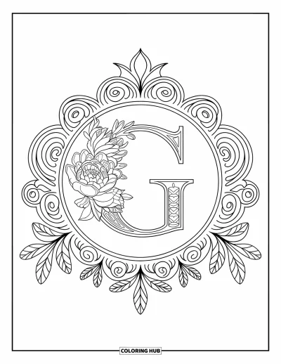 Coloriage de la lettre G pour adultes : Un G majuscule est encadré par des roses, des pivoines et des mandalas de feuilles en spirale
