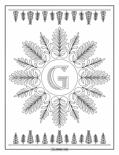 Coloriage de la lettre G pour adultes : Du basilic, du romarin et du thym forment une mandala autour d'un G calligraphique centré