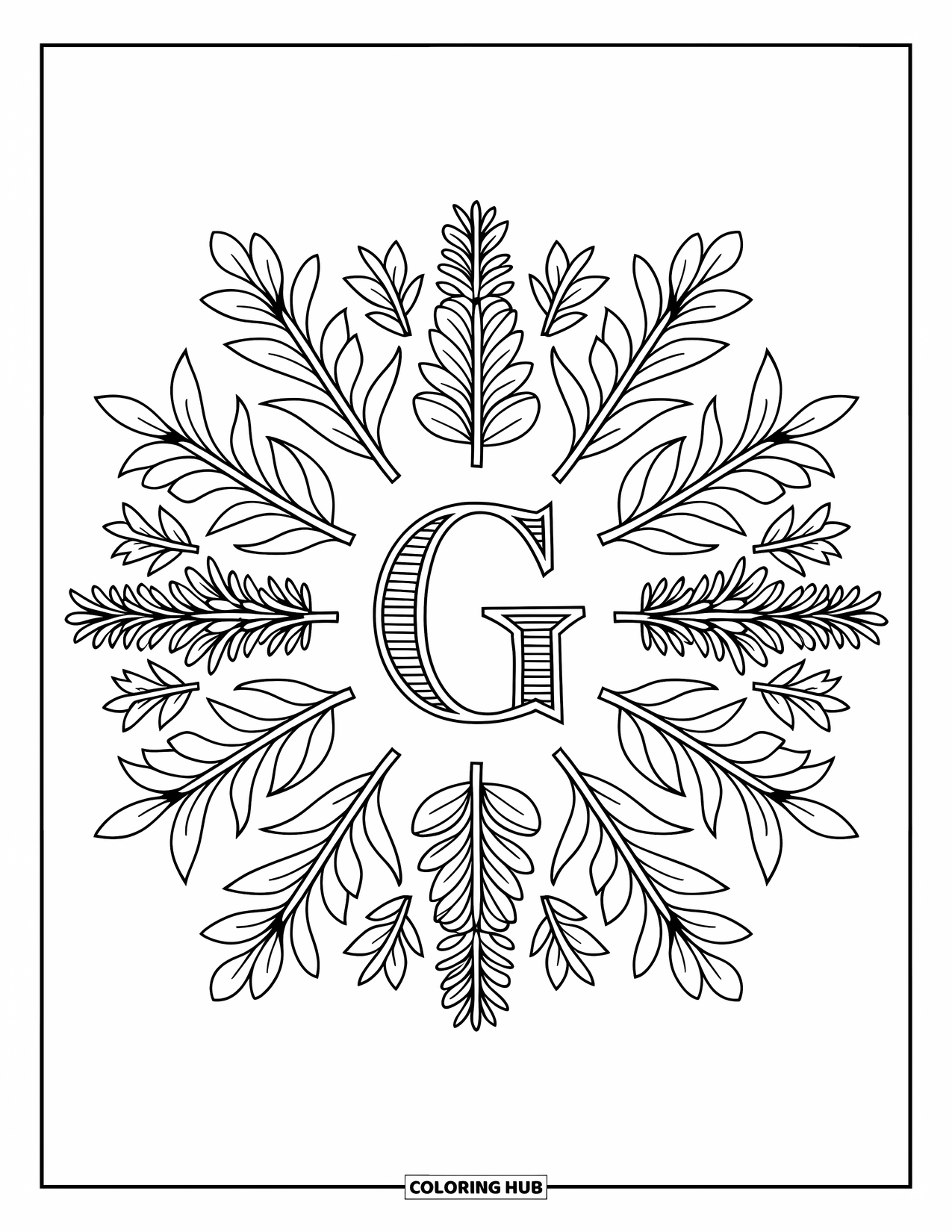 Letter G Coloring Page for Adults: Garden herbs in symmetry surround a beautiful calligraphic G