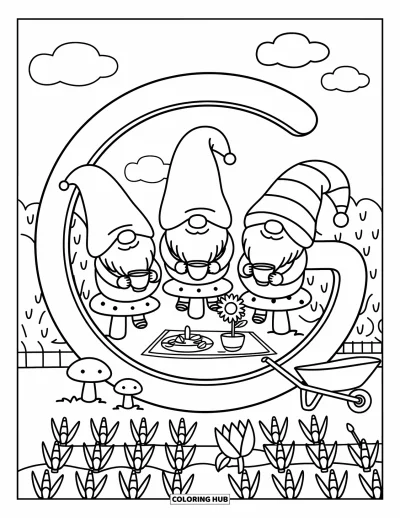 Coloriage de la lettre G pour adultes : Des gnomes avec de grands chapeaux se rassemblent pour un pique-nique autour d'un G arrondi dans le jardin