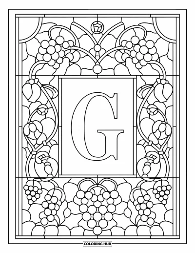 Coloriage de la lettre G pour adultes : Des vignes de raisins et des panneaux de gemmes encadrent un G en gras dans un style vitrail