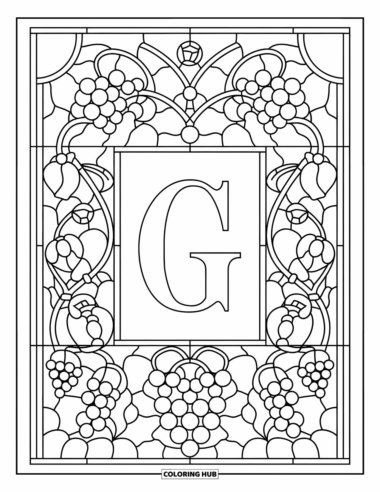 Letter G Coloring Page for Adults: Grape vines and gem panels frame a bold G in stained glass style