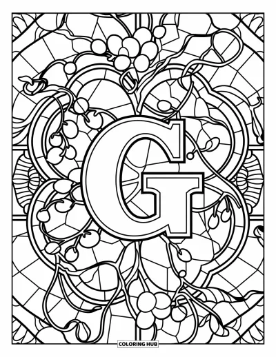 Coloriage de la lettre G pour adultes : Des vignes de raisins et des formes de gemmes entourent un G dans une composition style vitrail