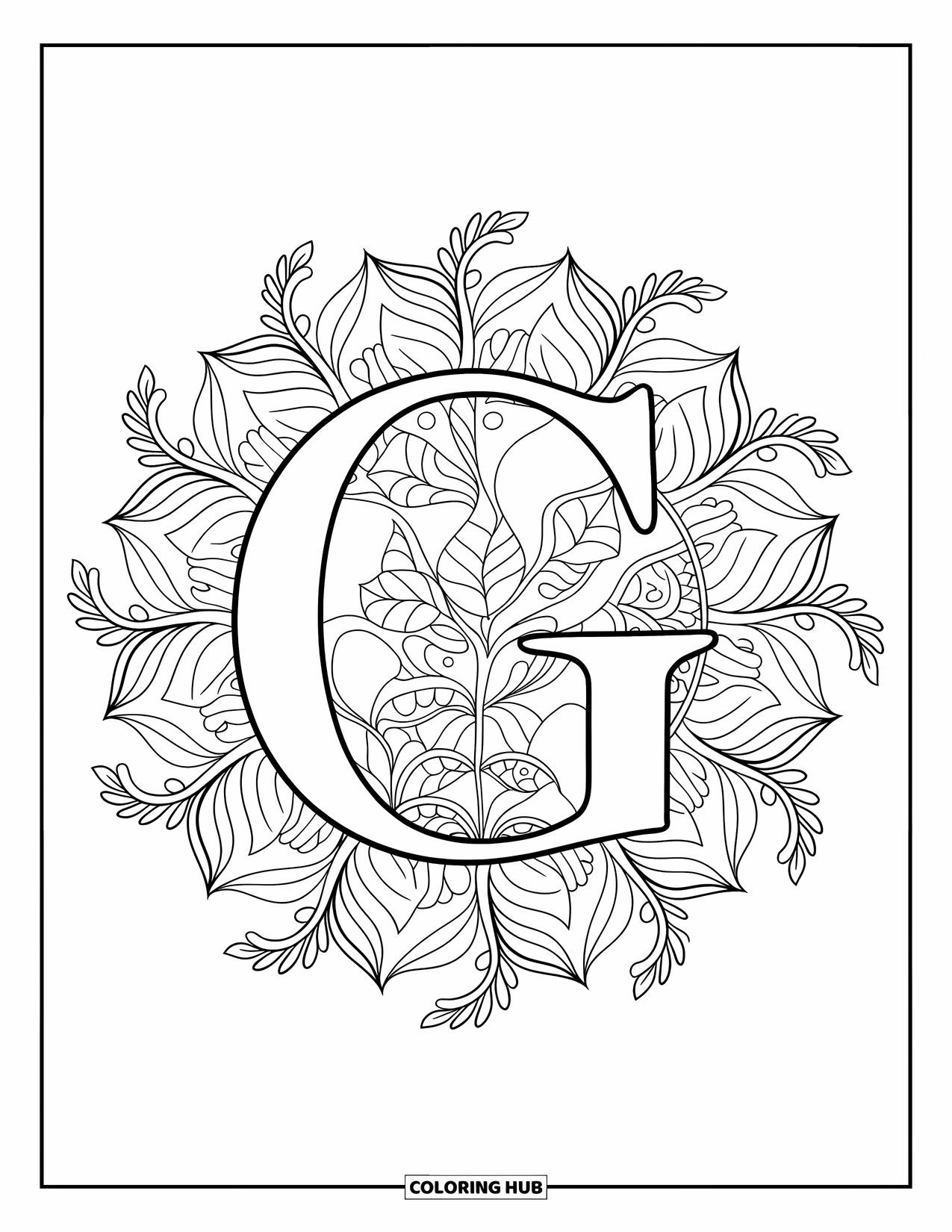 Letter G Coloring Page for Adults: Layered leaves and blooms create a botanical mandala around an uppercase G