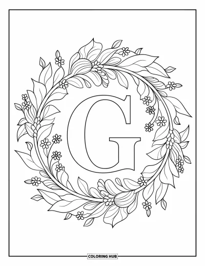 Coloriage de la lettre G pour adultes : Des feuilles, des lianes et des fleurs forment une mandala botanique autour d'une lettre G en gras