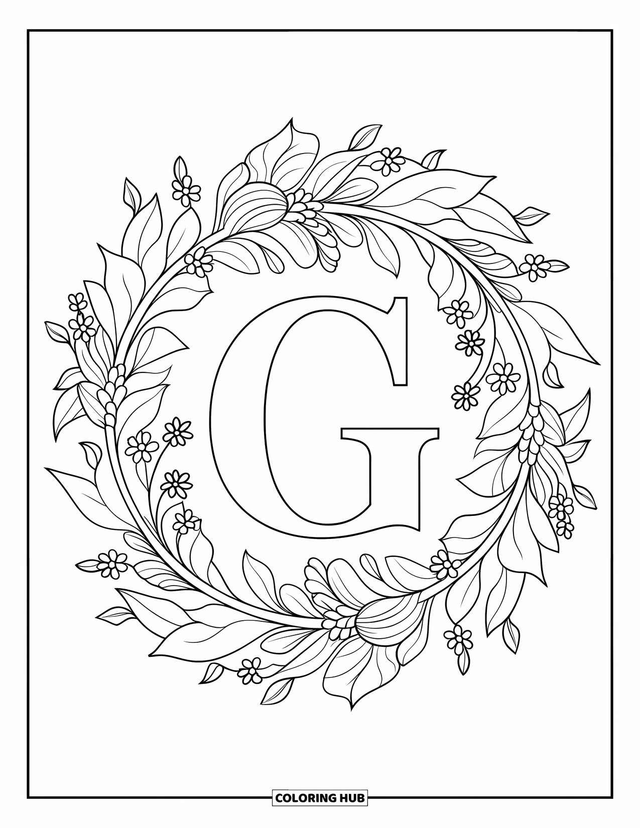 Letter G Coloring Page for Adults: Leaves, vines, and flowers form a botanical mandala around a bold letter G
