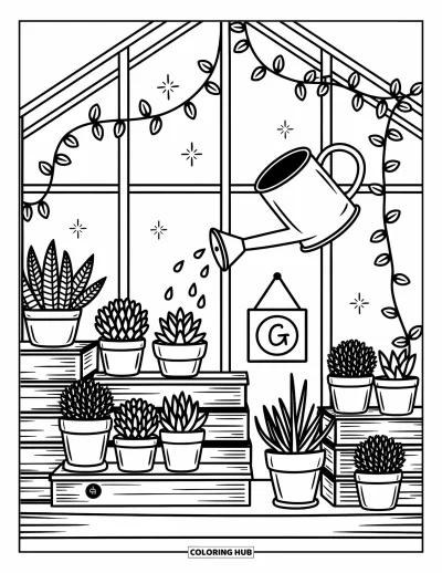 Coloriage de la lettre G pour adultes : Des plantes en pots, des lianes et un arrosoir remplissent une serre chaleureuse avec un G espiègle