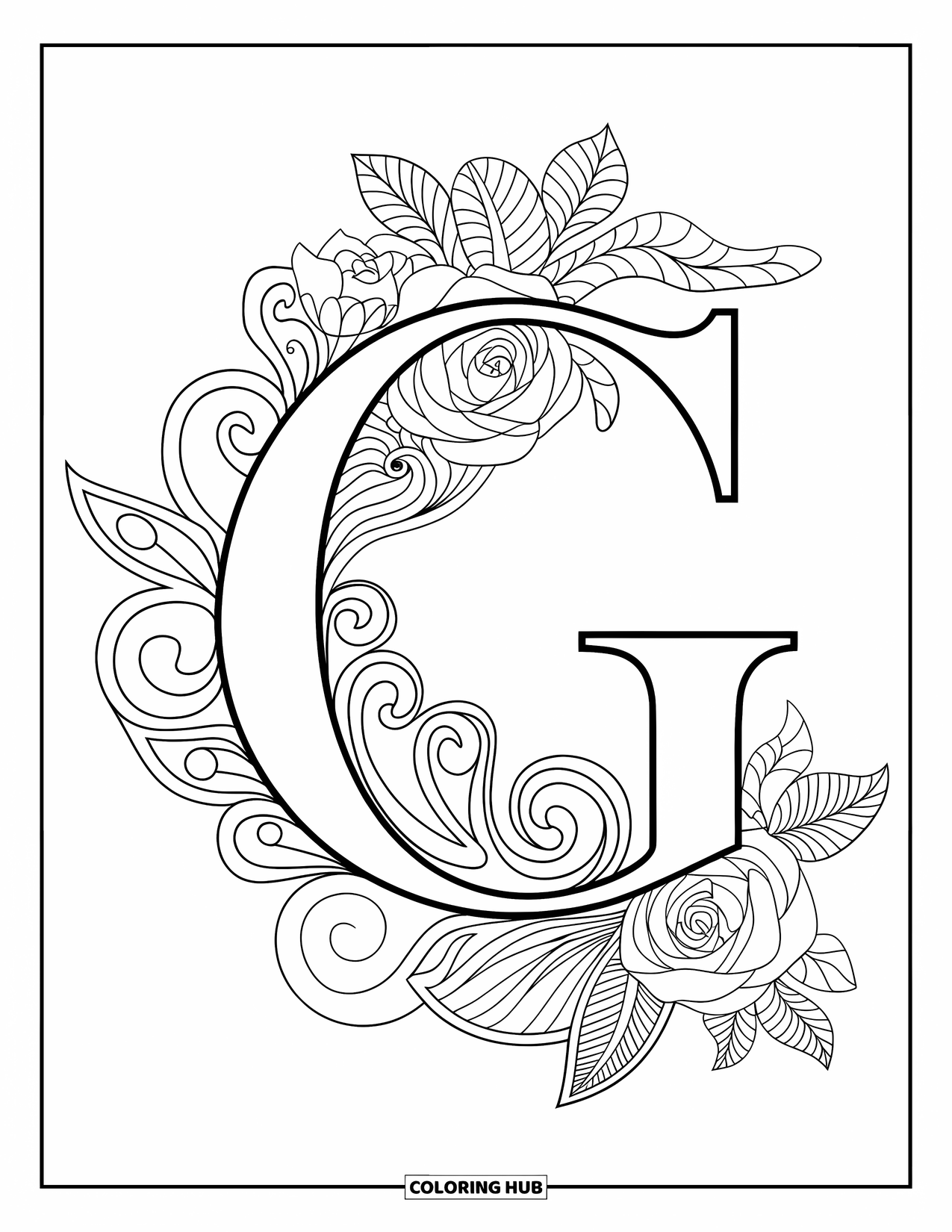 Letter G Coloring Page for Adults: Roses and peonies form a floral ring around a detailed, uppercase G