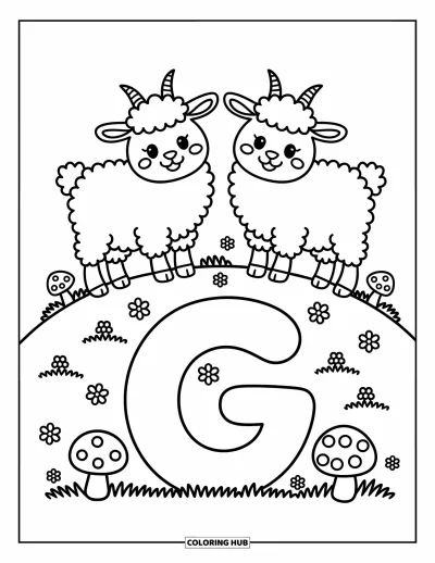 Coloriage de la lettre G pour adultes : Des chèvres souriantes se reposent sur une colline parsemée de champignons, à côté d'un G espiègle