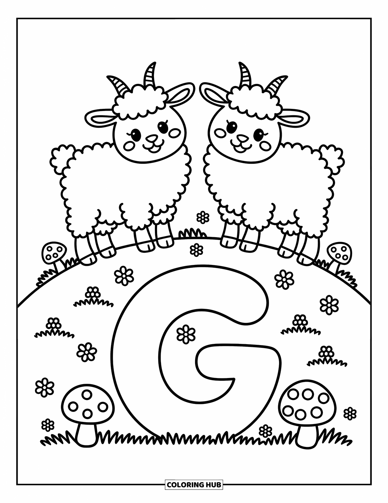Letter G Coloring Page for Adults: Smiling goats rest on a hill dotted with mushrooms, beside a playful G