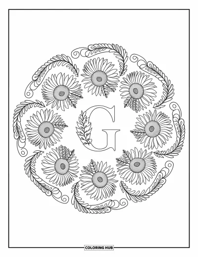 Coloriage de la lettre G pour adultes : Des tournesols et des fougères s'enroulent en spirale autour d'un G raffiné dans une mandala style jardin