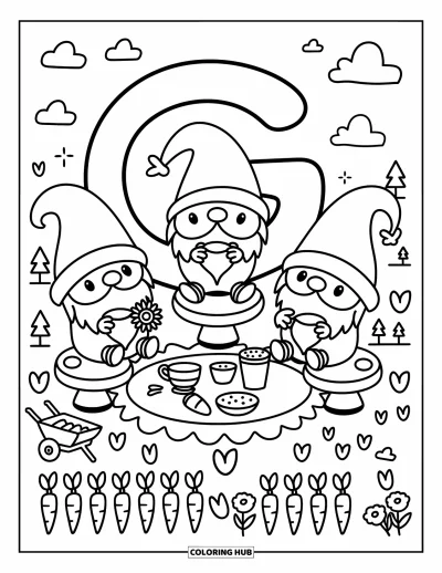 Coloriage de la lettre G pour adultes : Trois gnomes pique-niquent sur des champignons près d'un G arrondi dans un jardin douillet
