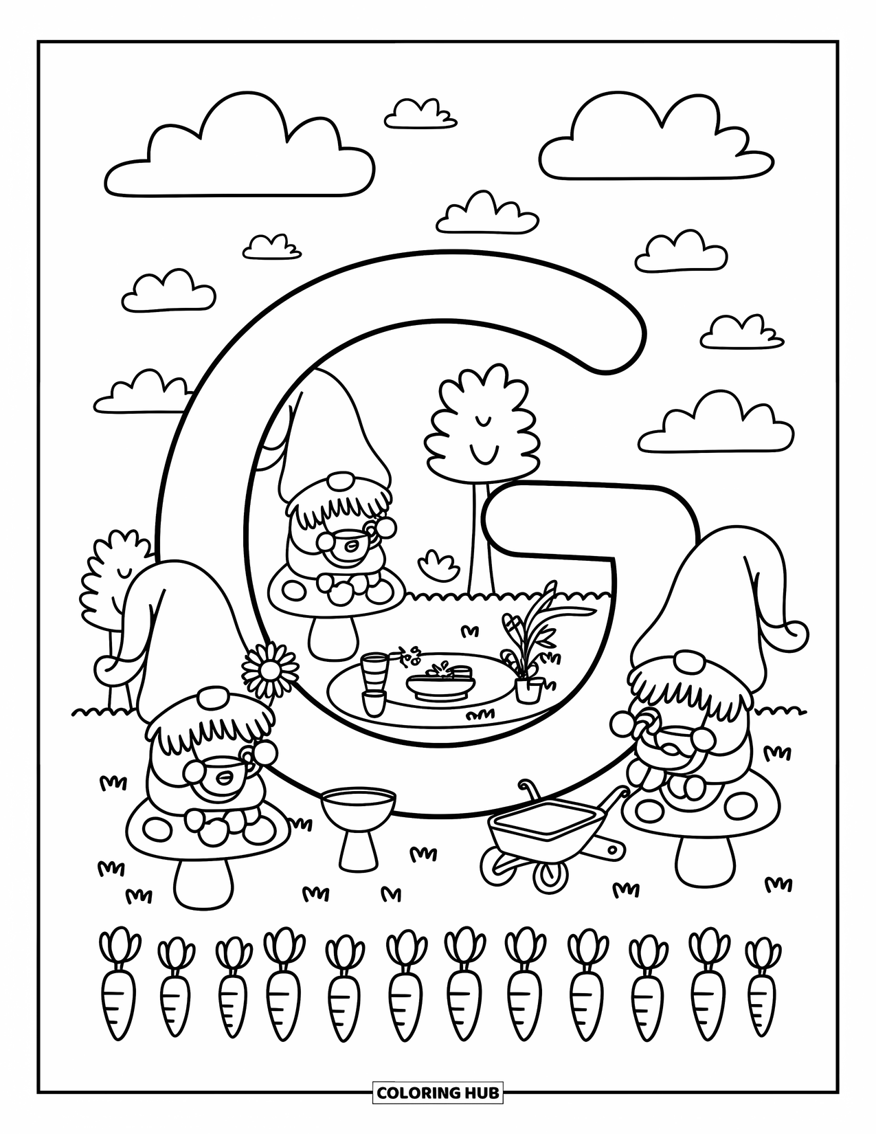 Letter G Coloring Page for Adults: Three happy gnomes enjoy a picnic beside a G, surrounded by plants and clouds