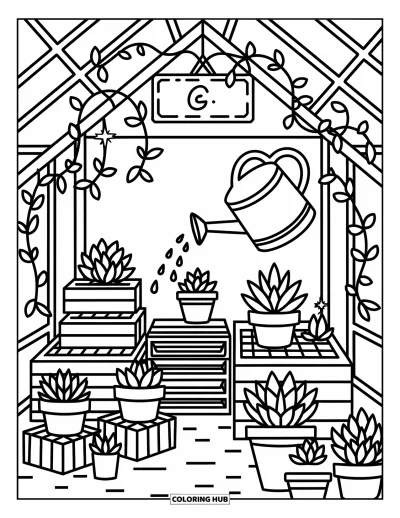 Coloriage de la lettre G pour adultes : De petites plantes reposent sur des étagères dans une serre avec une jolie enseigne G au-dessus