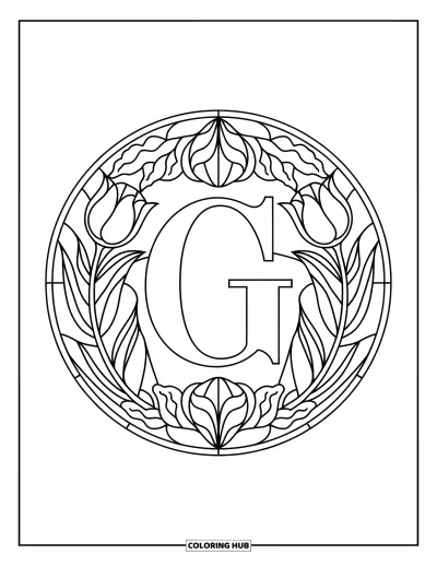 Coloriage de la lettre G pour adultes : Des tulipes, des lys et du lierre forment un cercle de vitrail autour d'un G ornemental