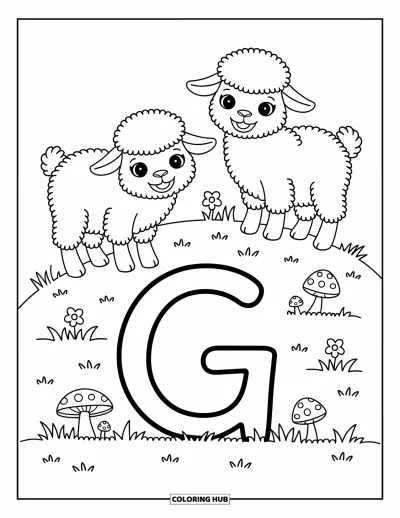 Coloriage de la lettre G pour adultes : Deux chèvres souriantes sur une colline verdoyante, l'une passant la tête à travers un grand G