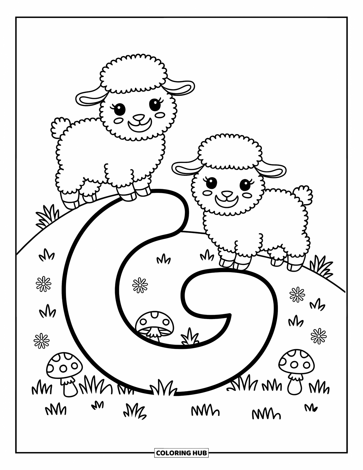 Letter G Coloring Page for Adults: Two smiling goats stand on a hill where one peeks through the middle of a G