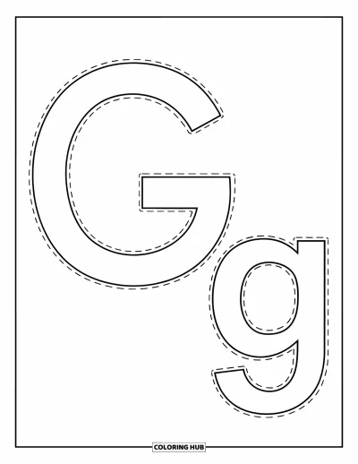 Coloriage de la lettre G pour enfants : Un grand G et un petit g avec des contours en pointillés pour un tracé facile