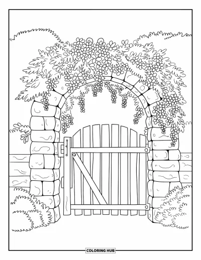 Coloriage de la lettre G pour enfants : Une arche en pierre couverte de fleurs avec un portail en bois et des buissons