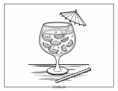 Coloriage de la lettre G pour enfants : Une coupe remplie de fruits avec un parasol et une paille à proximité