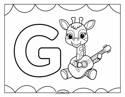 Coloriage de la lettre G pour enfants : Le G et le g avec une girafe musicienne et des notes flottantes