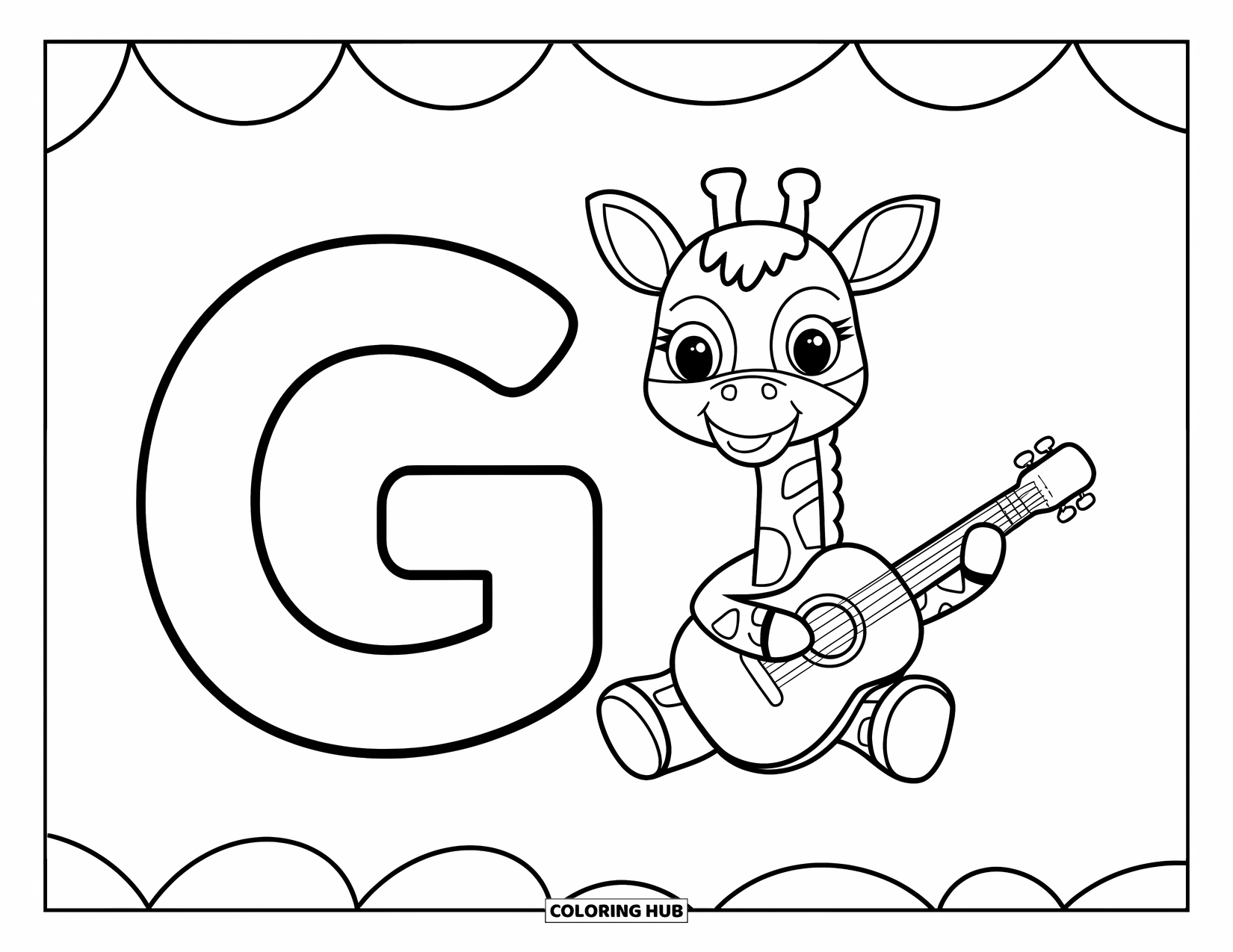 Letter G Coloring Page for Kids: G and g with a musical giraffe and floating notes