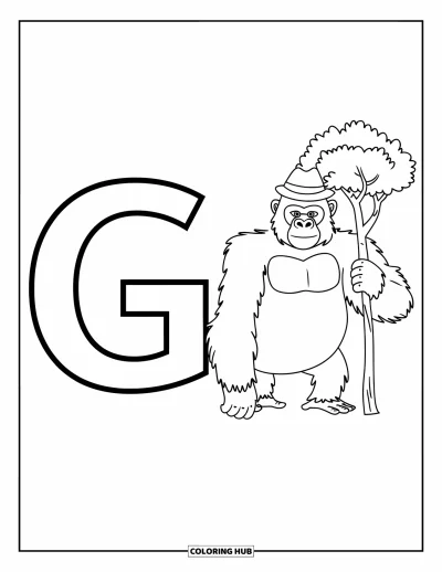 Coloriage de la lettre G pour enfants : Le G à côté d'un gorille sympathique tenant une branche et portant un chapeau