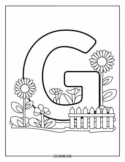 Coloriage de la lettre G pour enfants : Le G à côté d'un jardin avec des fleurs, une pelle et une palissade en bois