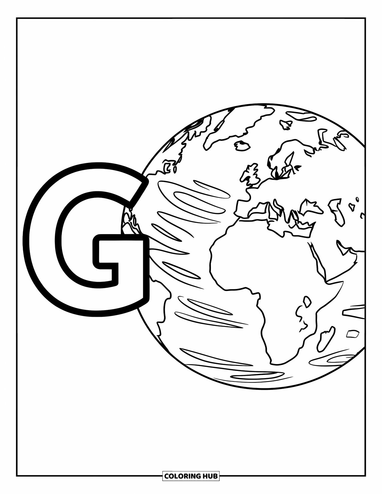 Letter G Coloring Page for Kids: G beside a globe with visible continents and swirling oceans