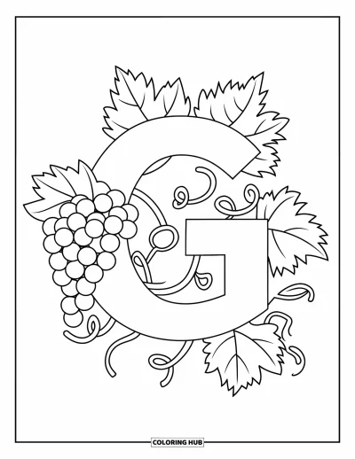 Coloriage de la lettre G pour enfants : Un G formé de raisins qui s'enroulent sur une vigne avec des feuilles