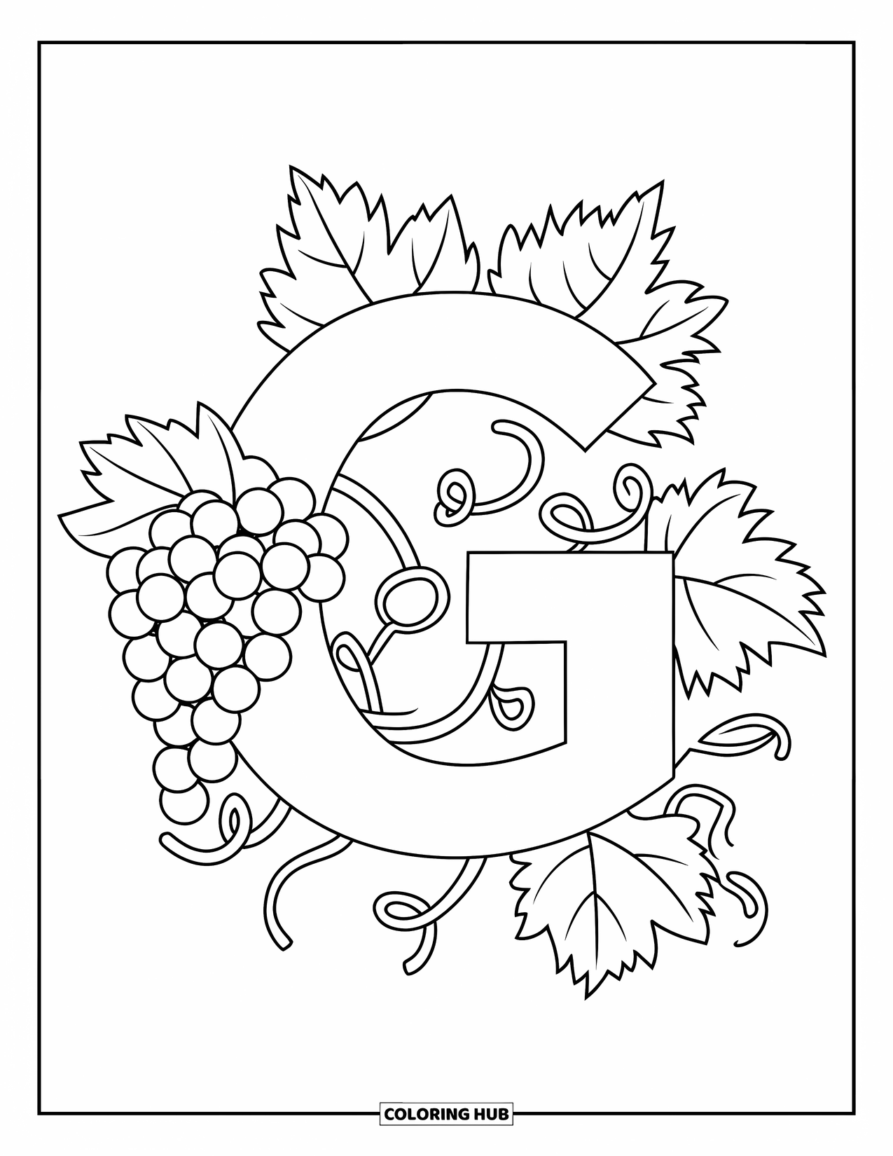 Letter G Coloring Page for Kids: G made of grapes curling on a vine with leaves