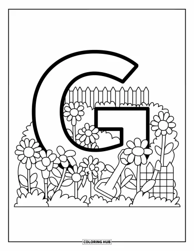 Coloriage de la lettre G pour enfants : Le G près d'un jardin avec des fleurs et une petite pelle