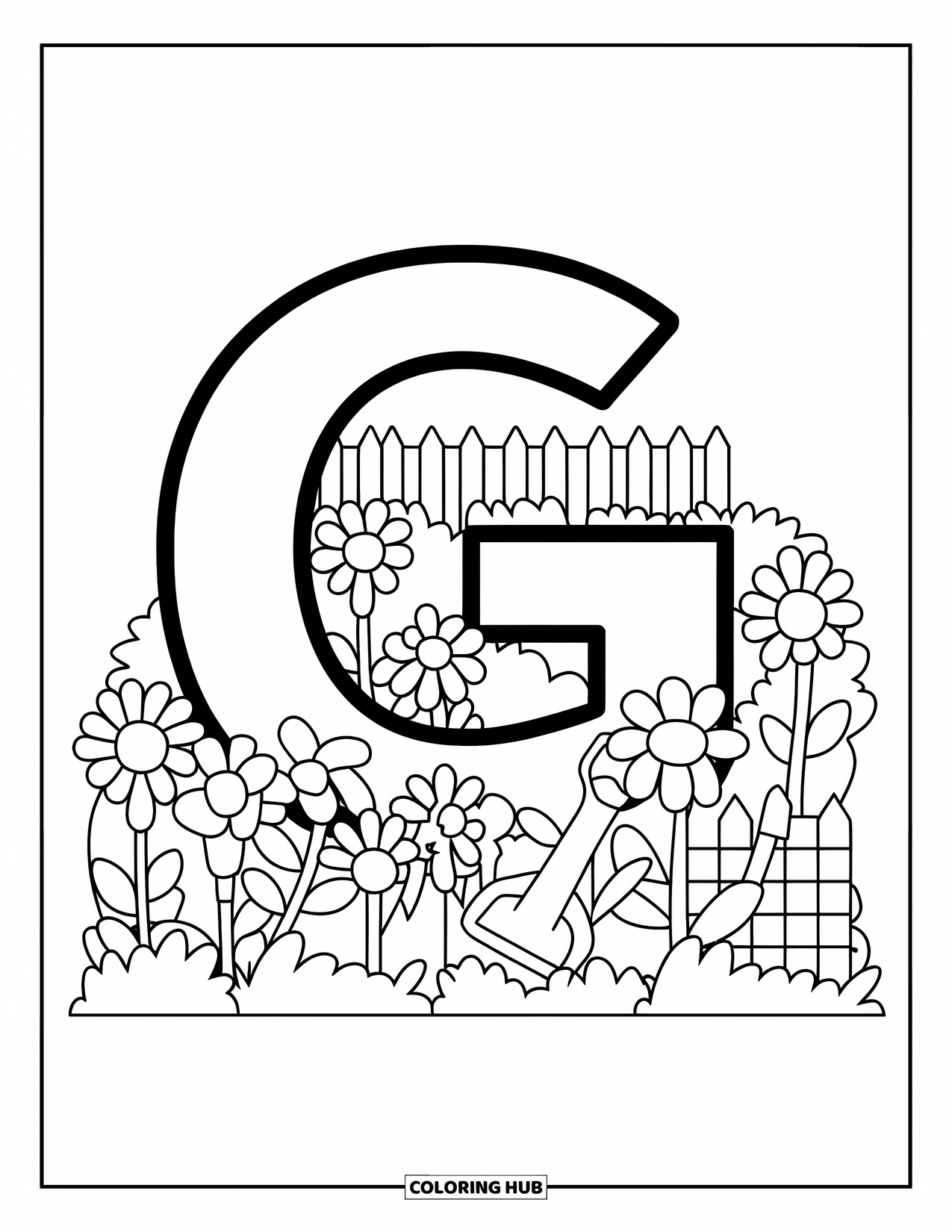 Letter G Coloring Page for Kids: G near a garden with flowers and a small shovel