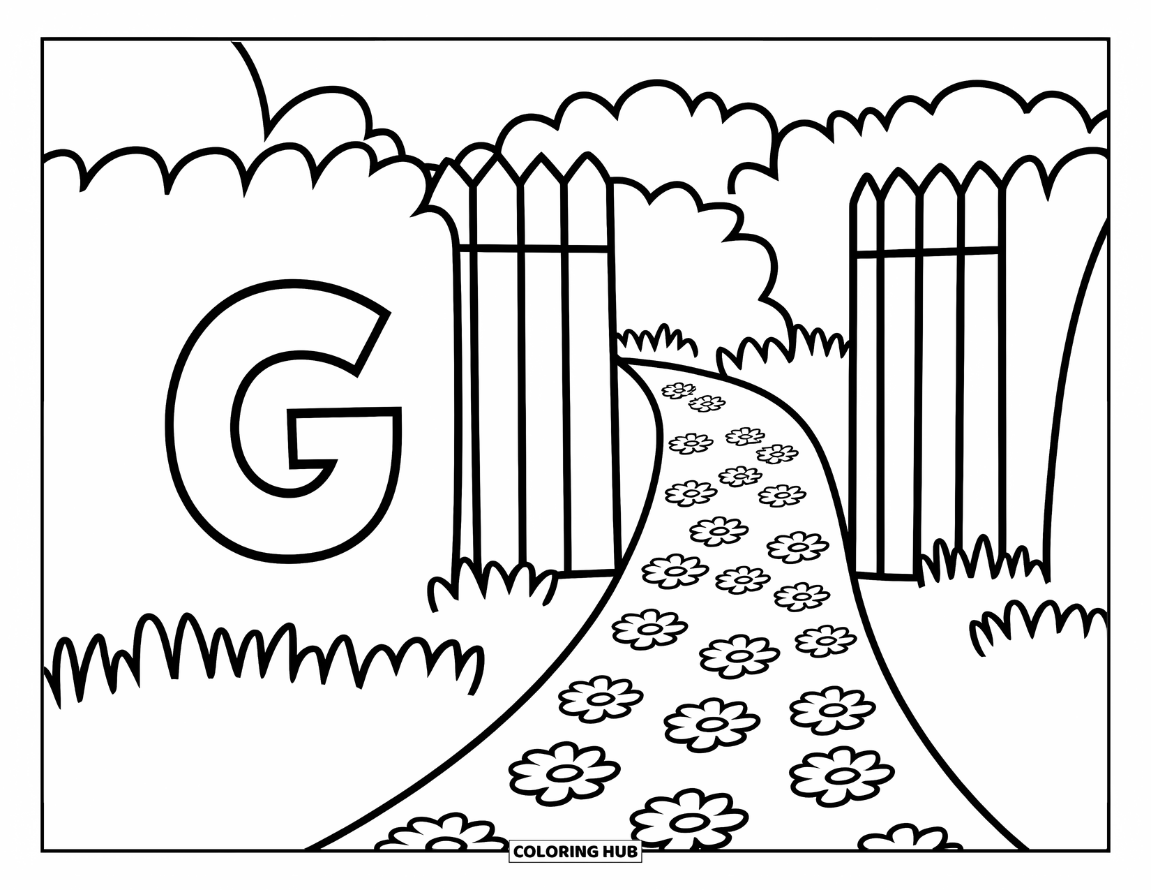 Letter G Coloring Page for Kids: G near a gate that opens to a trail of blooming flowers
