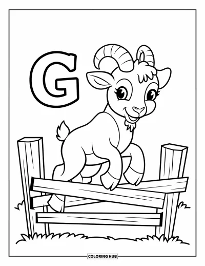 Coloriage de la lettre G pour enfants : Le G près d'une chèvre espiègle qui saute par-dessus une clôture en bois