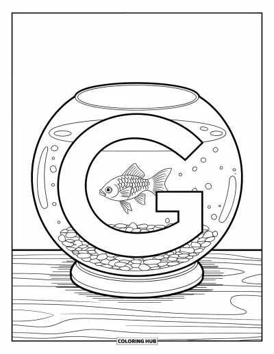 Coloriage de la lettre G pour enfants : Un G en forme de bocal avec un poisson rouge et des cailloux