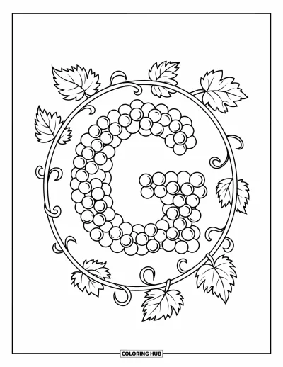 Coloriage de la lettre G pour enfants : Le G avec des vignes de raisins qui s'enroulent et des grappes qui pendent