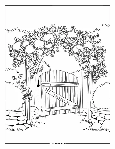 Coloriage de la lettre G pour enfants : Un portail et une arche couverts de fleurs épanouies et de pierres éparpillées