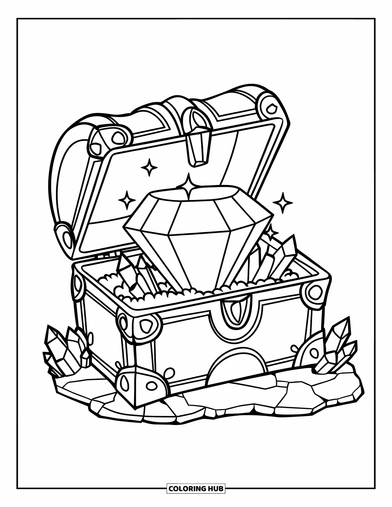 Letter G Coloring Page for Kids: Gem inside an old chest on a stone base with crystals