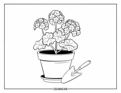 Coloriage de la lettre G pour enfants : Un géranium en pot avec une truelle posée à côté
