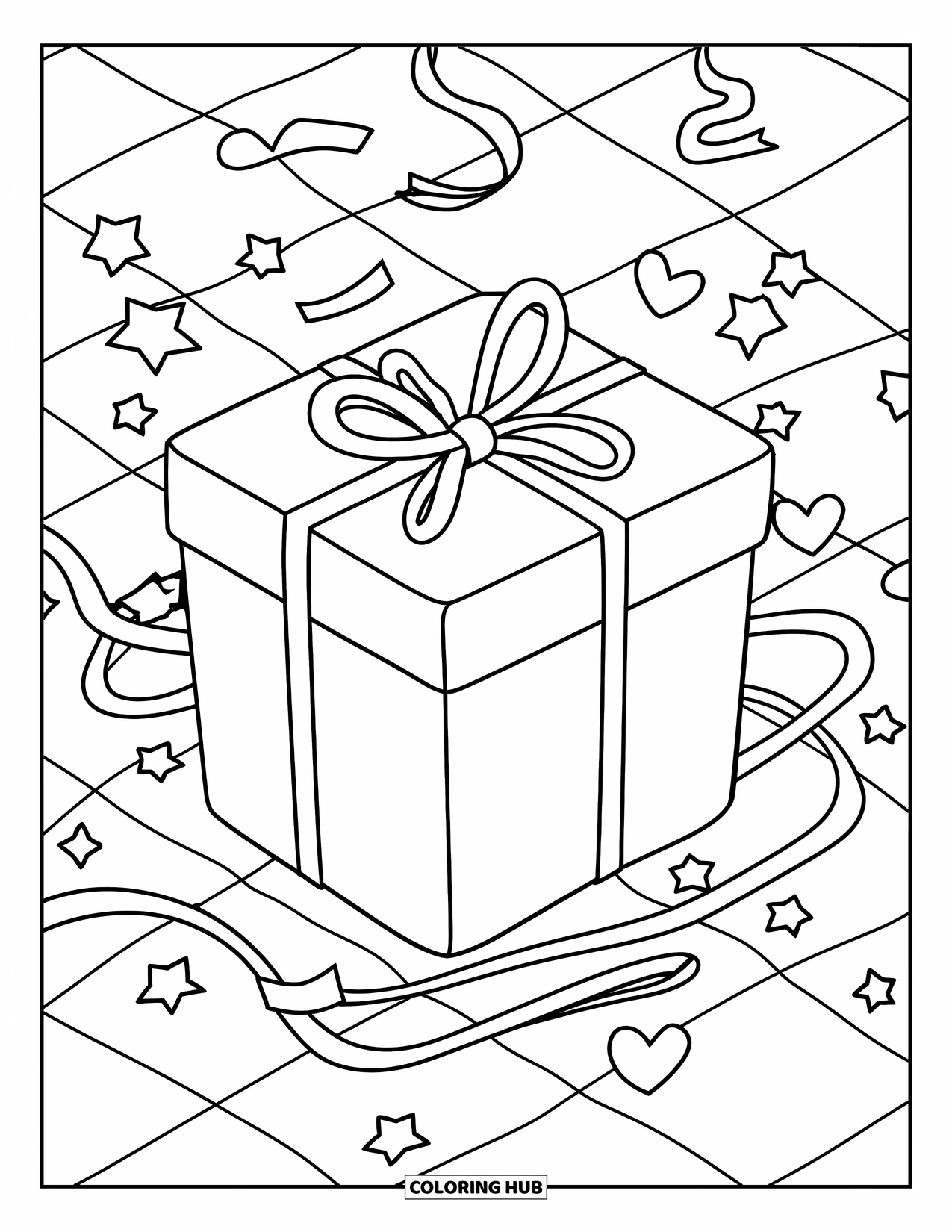 Letter G Coloring Page for Kids: Gift box with a string bow among confetti and streamers