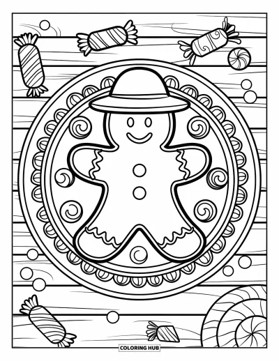 Coloriage de la lettre G pour enfants : Un bonhomme en pain d'épices sur une assiette entourée de bonbons et de glaçage