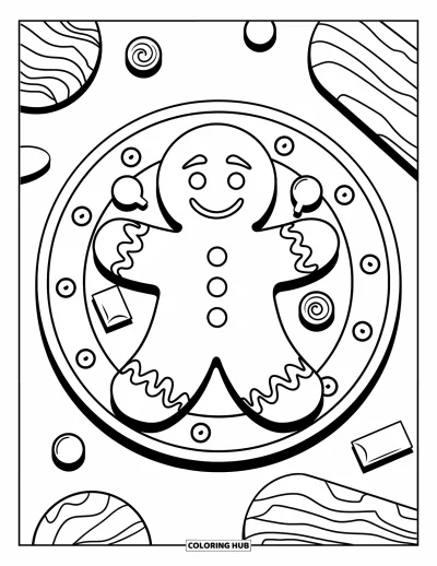 Coloriage de la lettre G pour enfants : Un bonhomme en pain d'épices sur une assiette avec du glaçage ondulé et des friandises