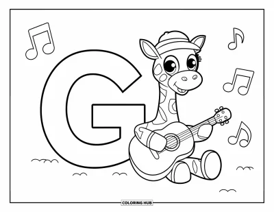 Coloriage de la lettre G pour enfants : Une girafe joue de la guitare près du G majuscule et du g minuscule