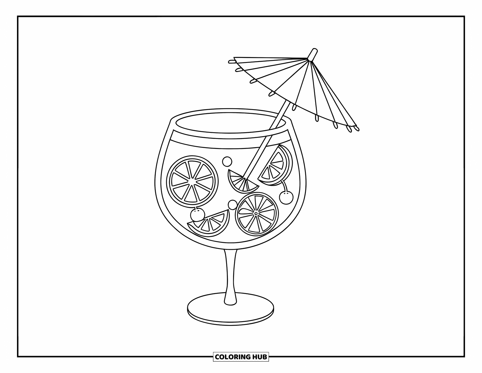 Letter G Coloring Page for Kids: Glass of fruit punch with floating slices and a paper umbrella