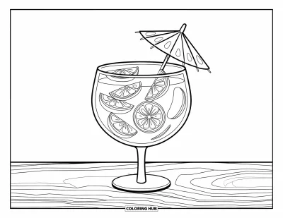 Coloriage de la lettre G pour enfants : Une coupe remplie de tranches de fruits et d'un parasol en papier sur une surface en bois
