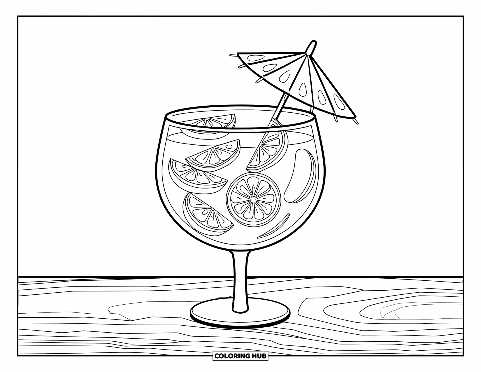 Letter G Coloring Page for Kids: Goblet filled with fruit slices and a paper umbrella on a wooden surface