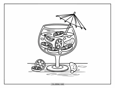 Coloriage de la lettre G pour enfants : Une coupe avec des tranches de fruits et un parasol, avec des fruits supplémentaires à côté